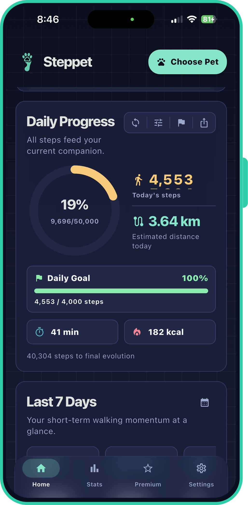 Steppet App Home Screen