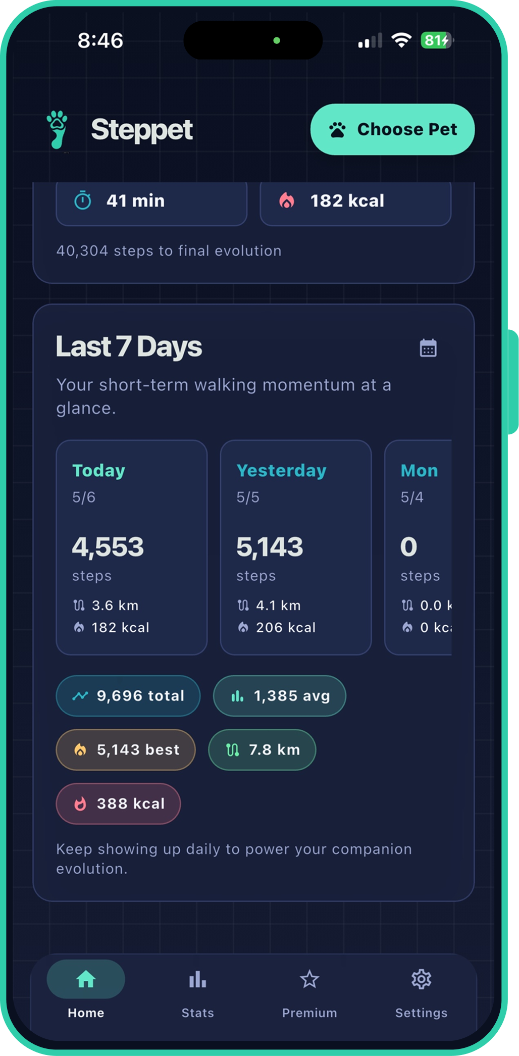 Steppet App Home Screen